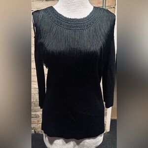 Sexy Black,Cold-Shouldered, Fringed Top